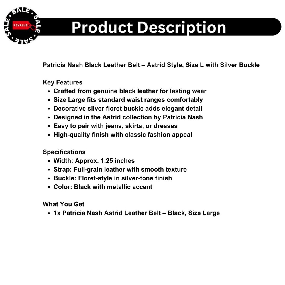 Patricia Nash Black Leather‎ Belt – Astrid Style, Size L with Silver Buckle - Picture 2 of 2